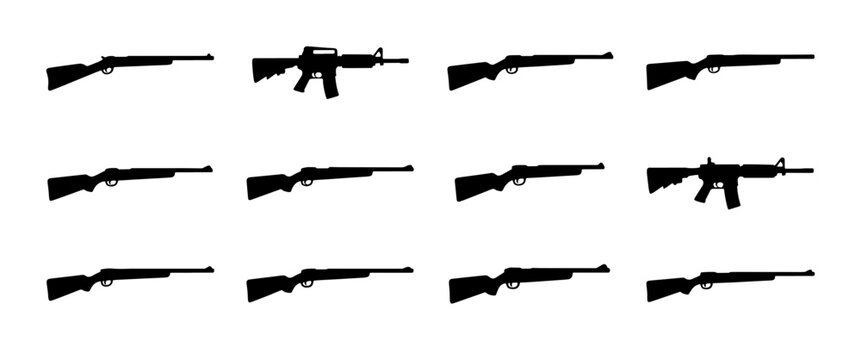 Rifle silhouettes set with assault rifle, hunting shotgun, sniper firearm and tactical carbine vector shapes for logo, sticker and print