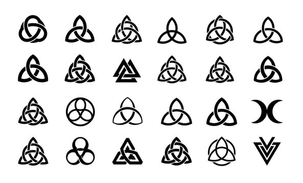 Celtic knot silhouettes set with triquetra, trinity symbols, valknut, and pagan sacred geometry for logo and tattoo