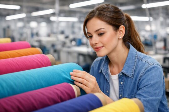 Textile worker inspecting colorful fabric rolls in factory for fabric store banner and textile industry marketing background
