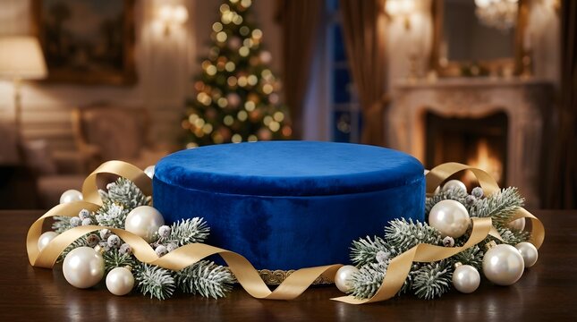 Blue velvet pedestal with gold ribbons and Christmas ornaments 