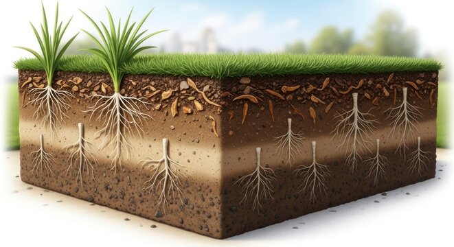 Detailed Soil Cross-Section Illustrating Lawn Health and Root System Anatomy