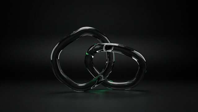 Two interlocking dark glass rings floating on a dark background, with subtle green reflections