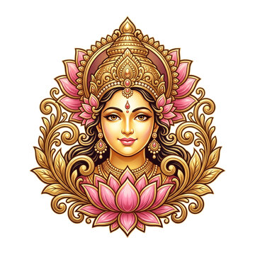 Goddess Lakshmi Divine Hindu Deity Illustration, Lotus Flower Spiritual Artwork, Golden Ornament Religious Transparent PNG Design
