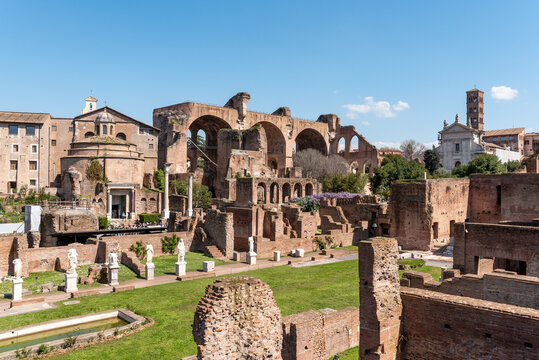 Rome, Italy - April 09, 2026 - House of the Vestals, Medieval Portico, and Basilica of Maxentius in Rome