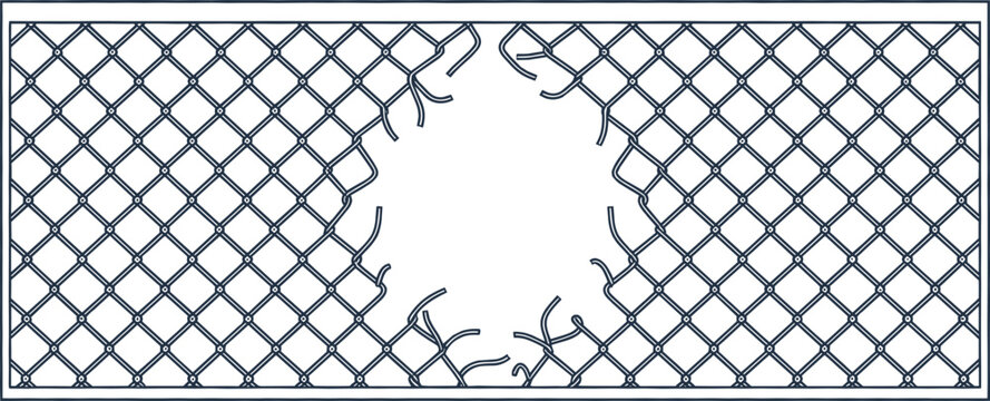 Black Chain Link Fence Pattern with Large Torn Hole and Broken Wire Mesh for Security Breach and Escape Concepts