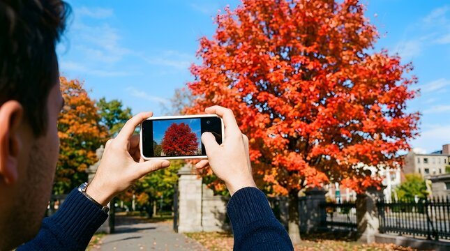 Man taking photo of vibrant red autumn tree using his mobile phone