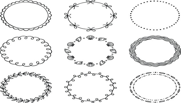 A collection of handdrawn oval frames and decorative borders in black ink style isolated on a plain white background for creative design projects