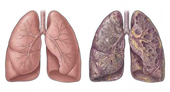 Comparison illustration showing healthy human lungs versus diseased lu