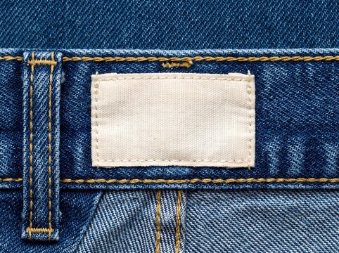 Blank white fabric clothing label stitched on dark blue denim jeans waistline, textile patch mockup for apparel branding, fashion tag template, garment design, and clothing details