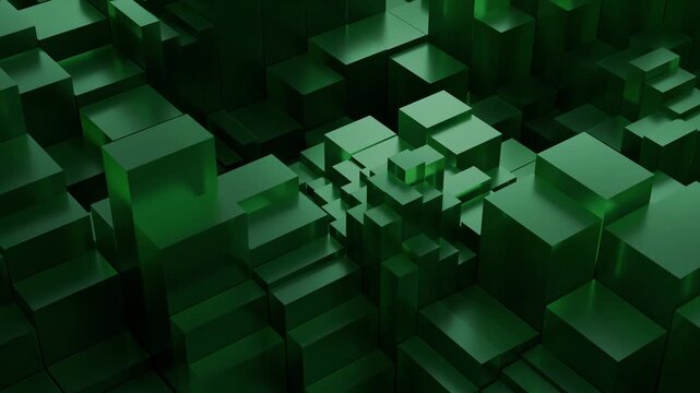 Dense field of green rectangular blocks with translucent faces and randomly transforming dimensions. Abstract 3D animation of smoothly changing emerald glass cubes. Seamless loop background , 4K 60fps