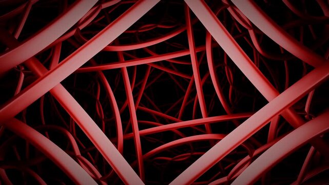 Intertwined red forms background with animation of moving through intricate geometric 3D structures. Dark tunnel of symmetric curved line patterns creating sense of deep surreal space. Looped 4K 60fps