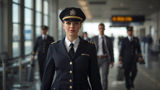Professional Female Airline Pilot in Uniform Walking Through Modern Airport Terminal