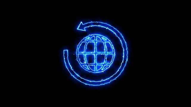 Glowing blue neon globe with circular refresh arrow animation on dark background for technology and web concepts
