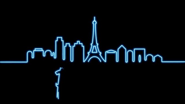 Neon Paris city skyline and text animation with glowing blue continuous line drawing on a black background loop