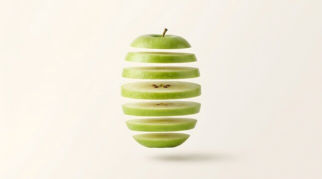 Green Apple Separated into Floating Horizontal Layers on White