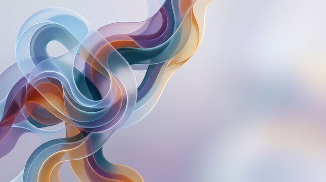 Minimalist abstract background with translucent glass ribbons, swirling biomorphic loops in sky blue, violet, and warm amber light, 3D render