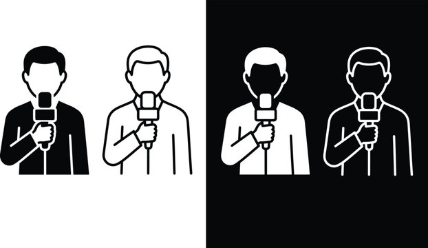 Four variations of a reporter speaking into a microphone icon in black and white