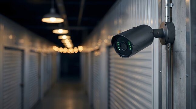 Modern black CCTV security camera with glowing green status lights mounted on a corrugated industrial wall in a dimly lit warehouse corridor, providing 24/7 surveillance and property protection.