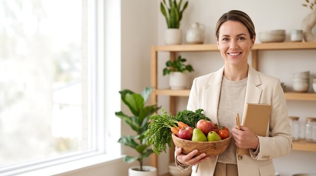 Woman in a blazer holding a wooden bowl of fresh vegetables and fruits with organic produce lifestyle portrait vegetable bowl kitchen interior raw food