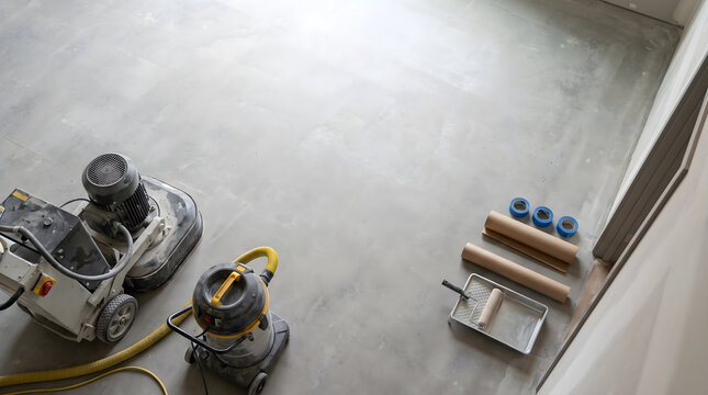Professional preparation for epoxy floor coatings featuring heavy concrete grinding machine and painting tools