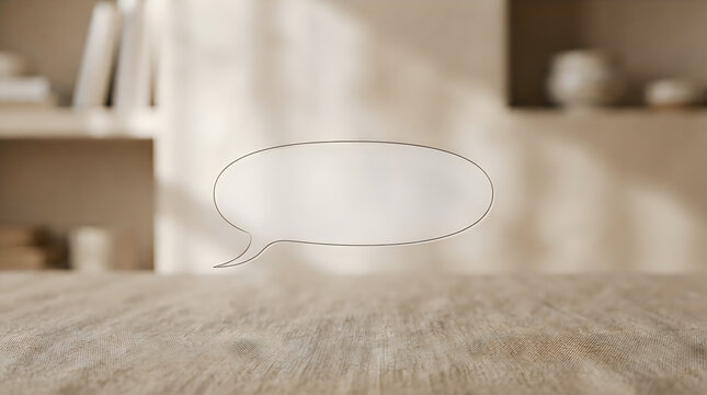 Blank speech bubble floating over rustic wooden table in minimal interior mockup