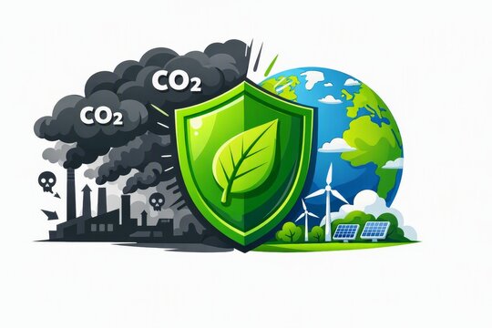Environmental protection shield with green leaf and renewable energy versus co2 pollution illustration for sustainability poster and banner design