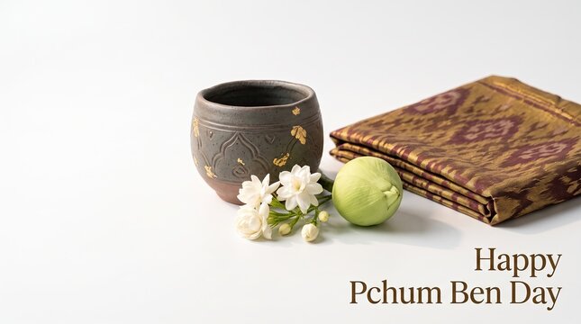 Prompt give me unicuq happy pchum ben day with traditional khmer offerings