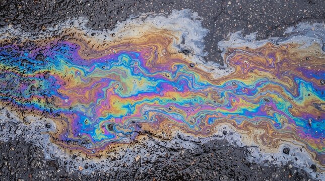 Colorful oil slick on wet asphalt pavement creating iridescent rainbow patterns