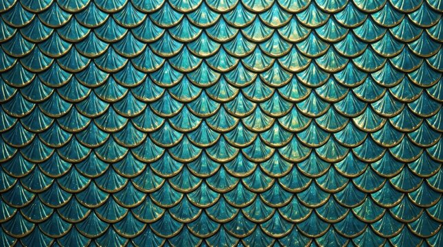 Luxury turquoise and gold fish scale pattern background with metallic mermaid skin texture