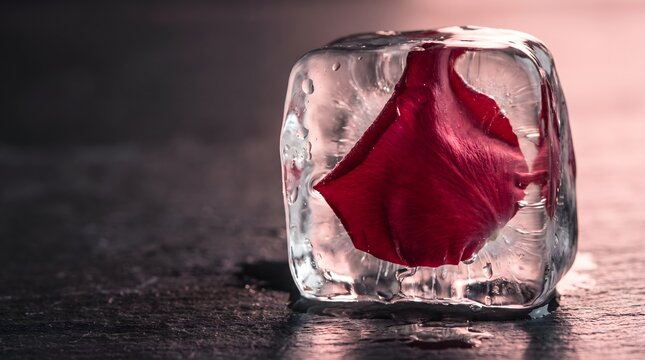 Red Rose Petal Preserved Inside Melting Transparent Ice