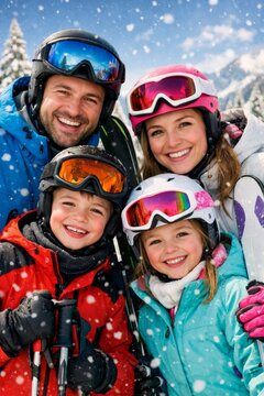 Happy family skiing portrait in snowy mountain resort for winter holiday banner and outdoor adventure travel design