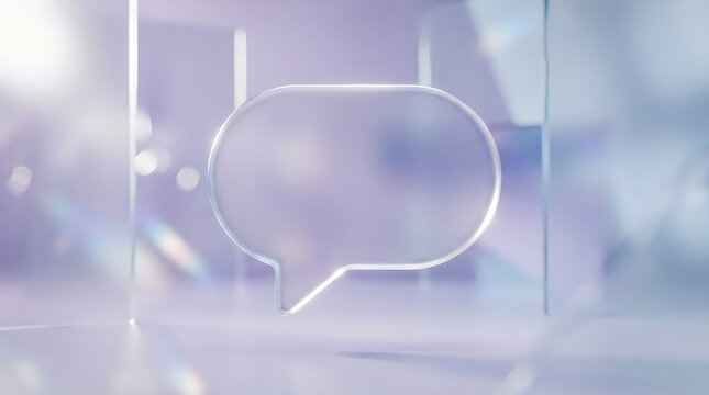 Glass speech bubble icon in a 3d rendering with soft purple lighting and reflective surfaces, representing communication, dialogue, and chat concepts