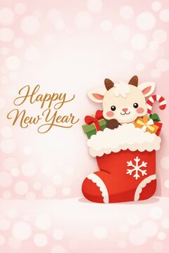 Cute goat in red christmas stocking with gifts and candy cane happy new year greeting card background for holiday poster and festive banner design