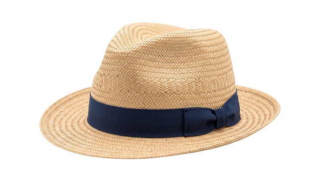 Classic straw fedora hat with dark blue ribbon, stylish summer panama hat for beach vacation and sun protection isolated PNG with Transparent Background