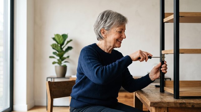 Elderly people actively maintain and renovate their cozy country home. A focused older woman carefully assembles a new wooden shelving unit in her bright living room.
