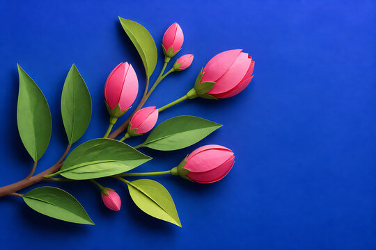 Pink and red tulips with green leaves are arranged on a vibrant blue background.