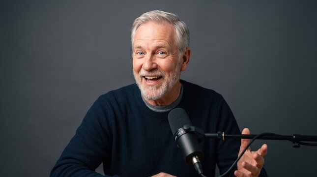 Senior content creators share their lifestyle online. A focused older man wearing headphones talks earnestly to his audience during a live stream.