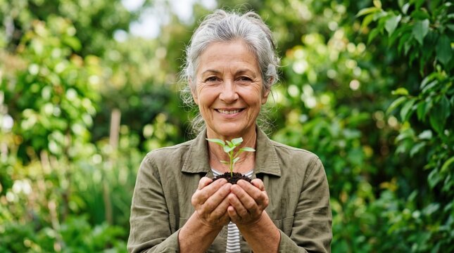 Senior content creators share their lifestyle online. A smiling older woman gently holds a tiny green sprout for her gardening channel.
