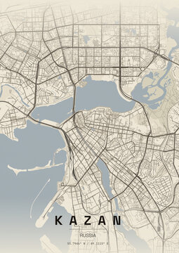 Kazan Russia Modern City Street Map Illustration with Volga River and Geographic Coordinates