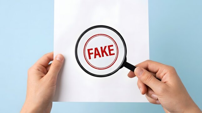Hands Holding a Magnifying Glass over a Red Fake Stamp on a White Sheet of Paper, Concept of Fraud Detection, Verifying Document Authenticity, Scams, Counterfeit Investigation, and Fact Checking