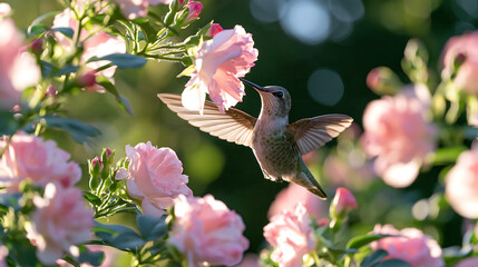 Fototapeta premium hummingbird hovering in mid air beside pink flowers with wings spread wide and a soft blurred green background in a beautiful spring garden wildlife scene