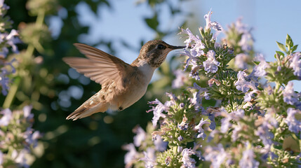 Fototapeta premium tiny colorful hummingbird feeding on nectar from blooming pink blossoms with fanned tail feathers in warm light for nature and wildlife and bird photography themes