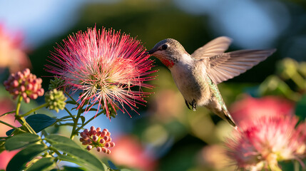 Fototapeta premium tiny colorful hummingbird feeding on nectar from blooming pink blossoms with fanned tail feathers in warm light for nature and wildlife and bird photography themes