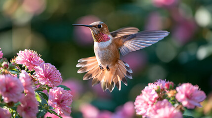Fototapeta premium tiny colorful hummingbird feeding on nectar from blooming pink blossoms with fanned tail feathers in warm light for nature and wildlife and bird photography themes