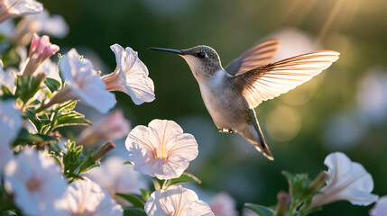 Fototapeta premium tiny colorful hummingbird feeding on nectar from blooming pink blossoms with fanned tail feathers in warm light for nature and wildlife and bird photography themes