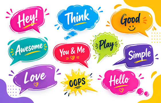 Colorful Speech Bubbles Set with Text - Hey, Think, Good, Awesome, Play, Simple, Love, OOPS, Hello, You & Me
