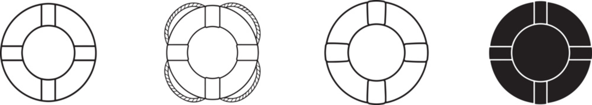 Life preserver icon set with colored and outline lifebuoy designs for maritime safety and rescue.