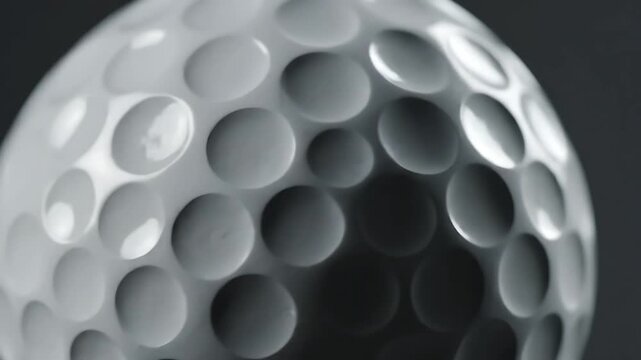 Golf Ball Rotating Slowly on a Dark Background, Showcasing Dimpled Texture and Subtle Lighting Changes. Sport Equipment Motion Graphics.