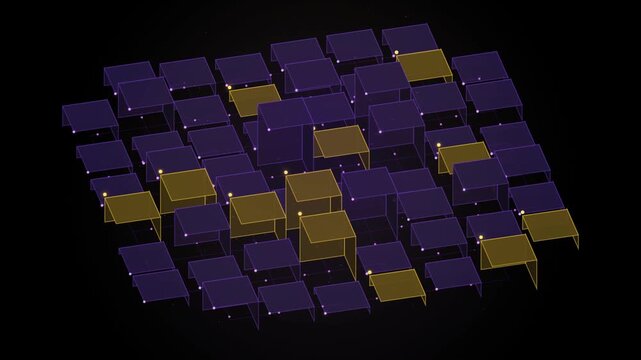 Abstract digital grid with rising yellow and purple cubic bars on dark background motion.