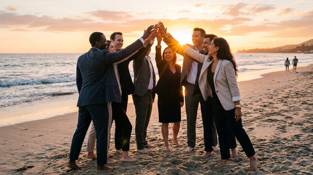 Diverse business team celebrating success with high fives on beach at sunset